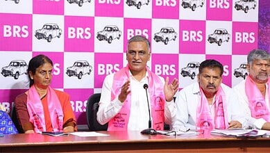 The Siasat Daily: Political leaders at a press conference with BRS branding in the background.