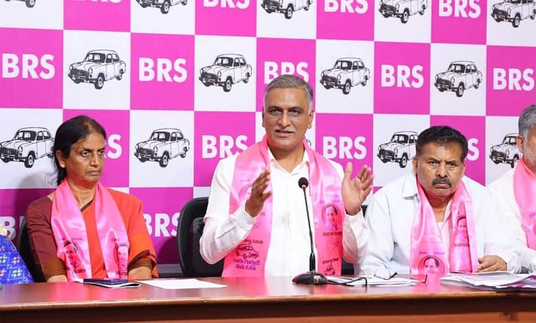 The Siasat Daily: Political leaders at a press conference with BRS branding in the background.