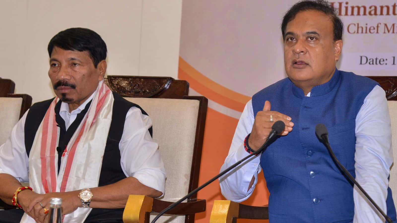 Assam Chief Minister Himanta Biswa Sarma briefs the media regarding the first cabinet meeting following the formation of the state government for the second consecutive term, in Guwahati, Wednesday, May 13, 2026. State Cabinet Minister Atul Bora also present. (PTI Photo)
