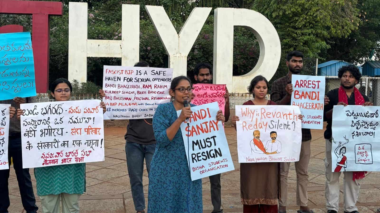 Youth activists from Hyderabad staging a protest at Necklace Road on Monday, May 11, 2026, against police inaction in the POCSO case against Bandi Sanjay's son Bandi Sai Bhagirath.