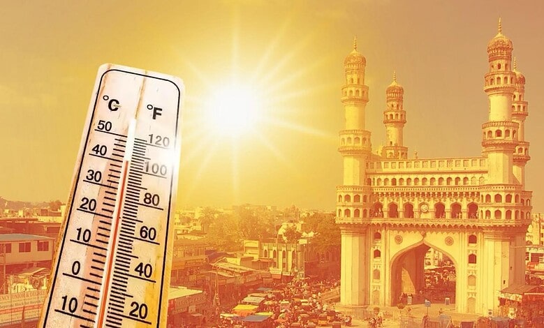 Thermometer showing high temperature at sunset with historic cityscape in the background.