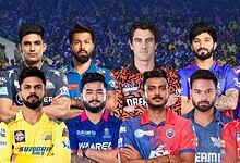 Group of successful IPL captains posing together on the cricket field.