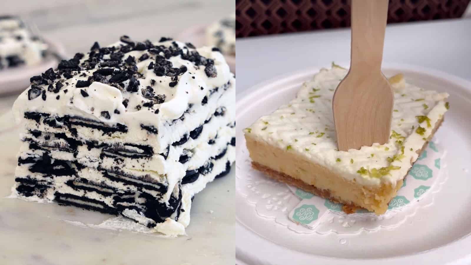 Delicious Oreo layered cake with creamy frosting and cookie crumbs, served alongside a slice of cheesecak.