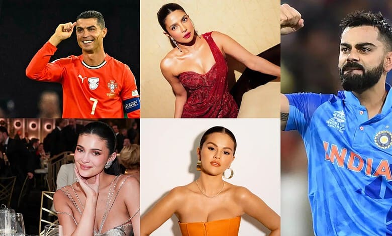 Cristiano Ronaldo, Deepika Padukone, Virat Kohli, and other celebrities in a collage celebrating social m.