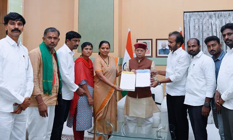 Telangana Rakshana Sena (TRS) Founder Kalvakuntla Kavitha meets Telangana Governor Shiv Pratap Shukla to discuss the issues of land oustees under various projects on Tuesday, May 26, 2026.