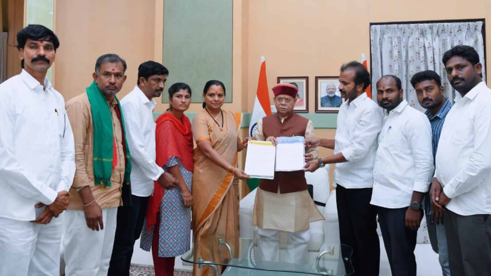 Telangana Rakshana Sena (TRS) Founder Kalvakuntla Kavitha meets Telangana Governor Shiv Pratap Shukla to discuss the issues of land oustees under various projects on Tuesday, May 26, 2026.