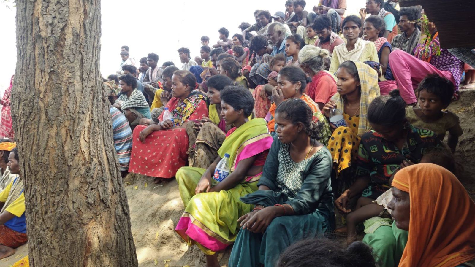 Crowd of men, women, and children sitting on the ground under a tree during a community gathering.