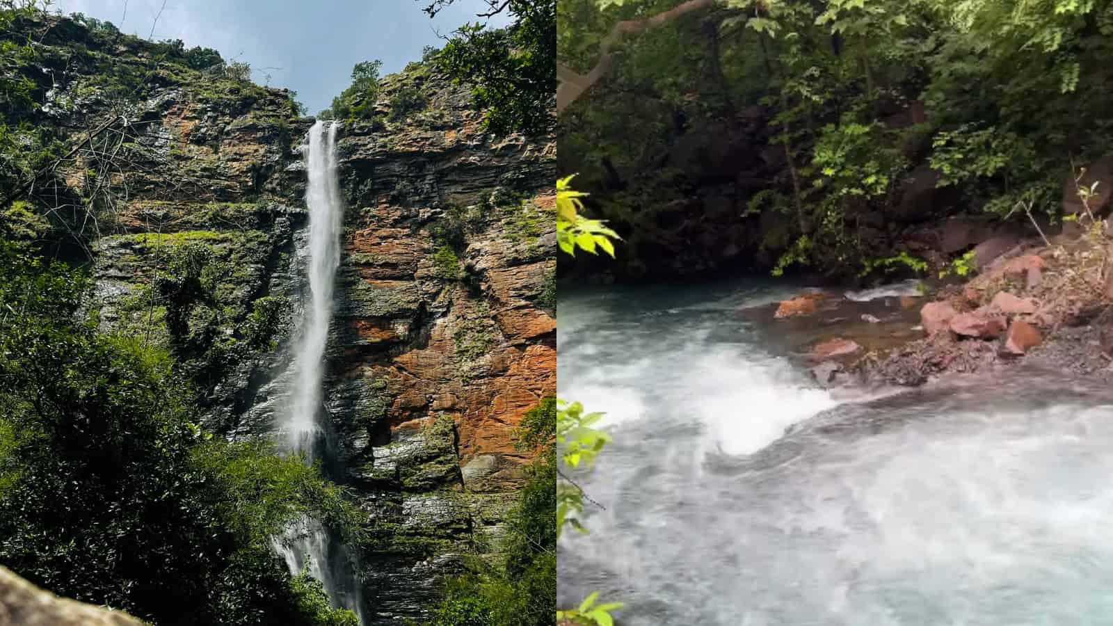 A lush waterfall cascading into a rocky pool surrounded by dense greenery in a hidden natural location.