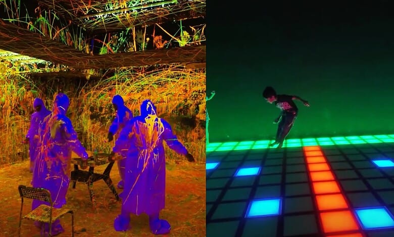 Diverse group of people enjoying outdoor night event with vibrant lighting and interactive digital dance.