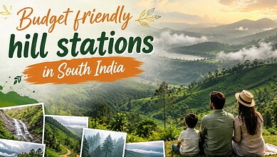 A scenic view of a family enjoying the lush green hill stations in South India, with waterfalls and misty.