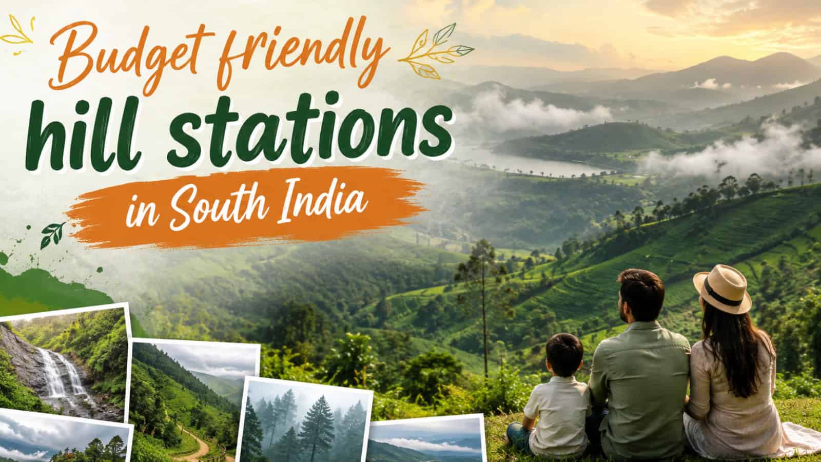 A scenic view of a family enjoying the lush green hill stations in South India, with waterfalls and misty.