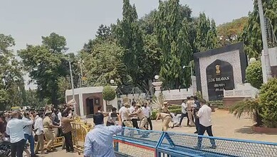 Police lathicharge at Lok Bhavan during BRSV protest over NEET paper leak, with officers dispersing prote.