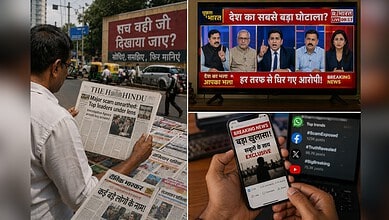 Man reading The Siasat Daily newspaper on a busy street in India, with a newsstand and traffic in the bac.