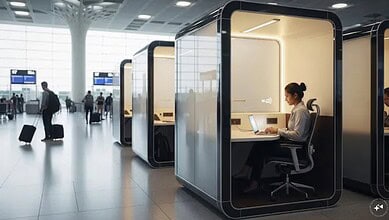 Modern airport check-in kiosks with passengers in a spacious terminal.