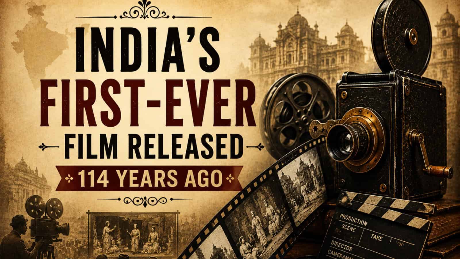 Vintage film camera with historical film reels and sepia-toned background celebrating India’s first-ever.