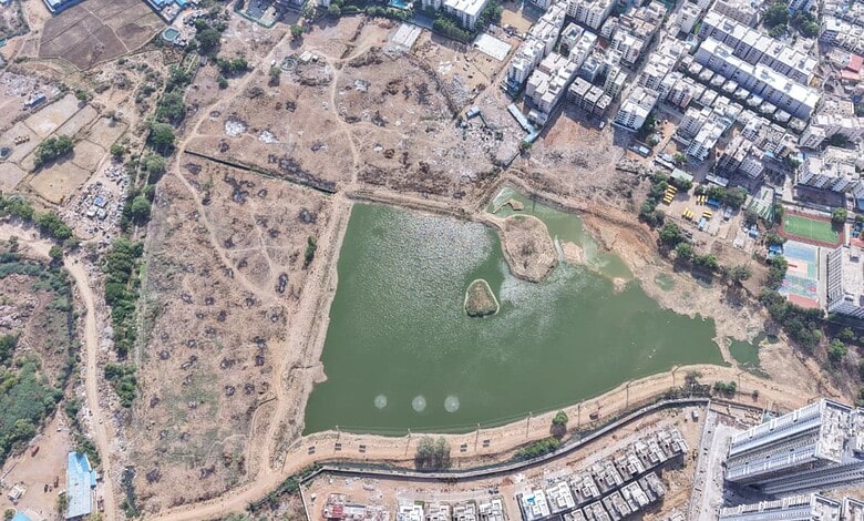 Aerial view of a park with a pond, surrounded by urban buildings and open land, in a cityscape.