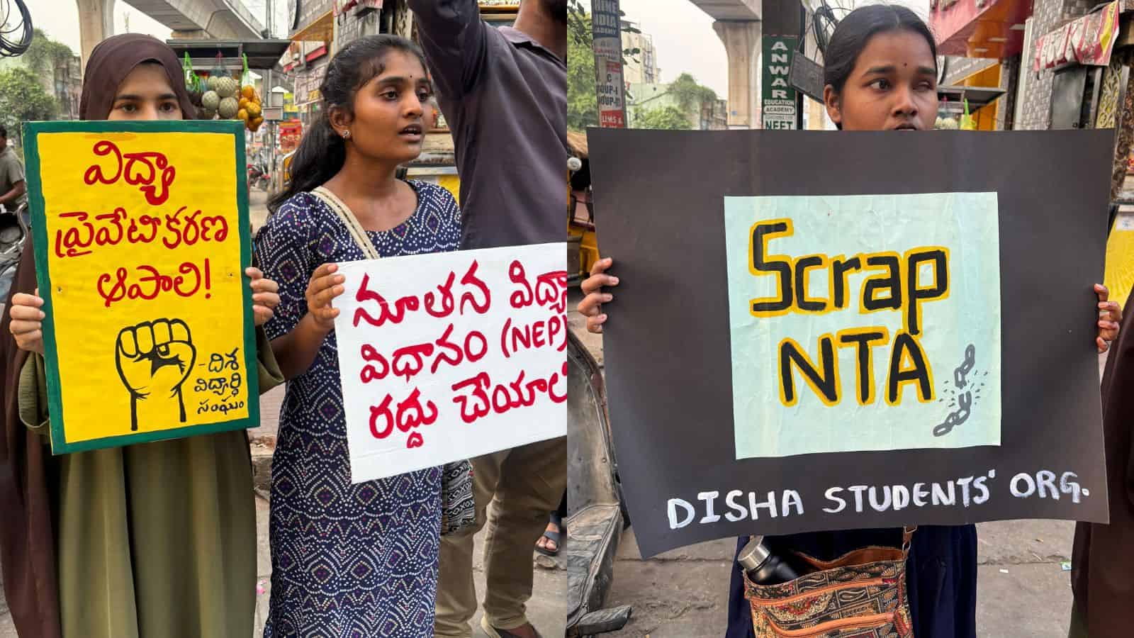 The image shows Hyderabad student activists protesting in Narayanguda on Thursday, May 14, 2026, demanding the scrapping of NTA for the NEET UG 2026 paper leak.