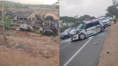 The image shows vehicles that piled up in the accident on NH 44 in Nizamabad district on Monday afternoon, May 25, 2026.