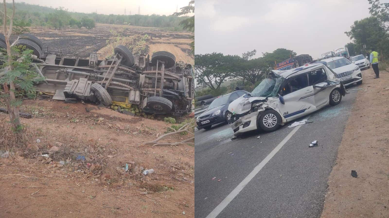 The image shows vehicles that piled up in the accident on NH 44 in Nizamabad district on Monday afternoon, May 25, 2026.