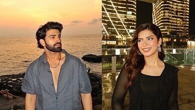 A young man gazing at the sunset by the sea and a young woman smiling in front of illuminated skyscrapers.