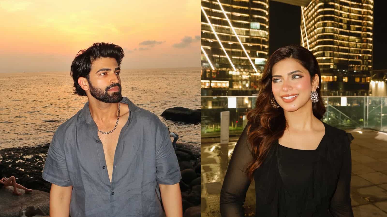 A young man gazing at the sunset by the sea and a young woman smiling in front of illuminated skyscrapers.