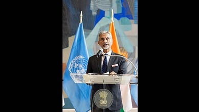 India's external affair minister S Jaishankar addresses a conference at the UN