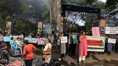 The Siasat Daily protest outside university with students holding signs and banners for educational right.