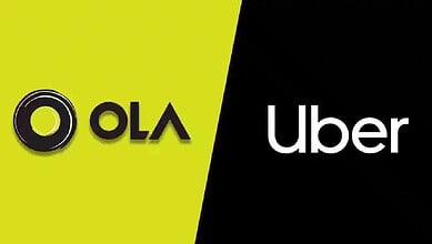 Ola and Uber logos displayed side by side, representing popular ride-sharing services in India.