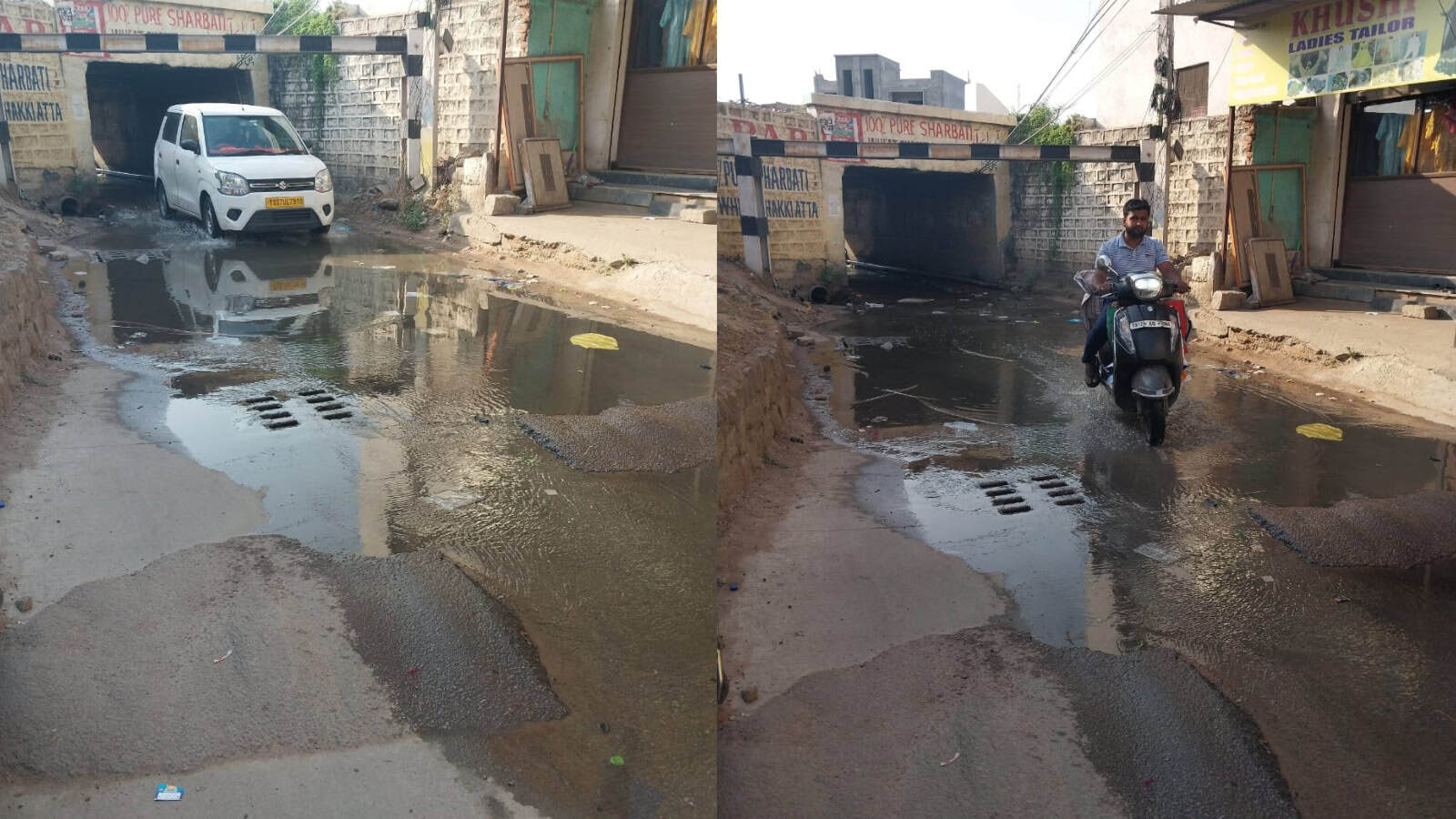 Flooded street with water, a person riding a scooter through a waterlogged area in an urban setting.