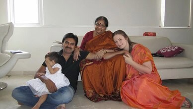 Pawan Kalyan’s wife Anna with family celebrating Mother’s Day in a bright living room.