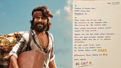 Ram Charan smiling with a letter to Peddi team, promoting upcoming movie release and fan engagement in Te.
