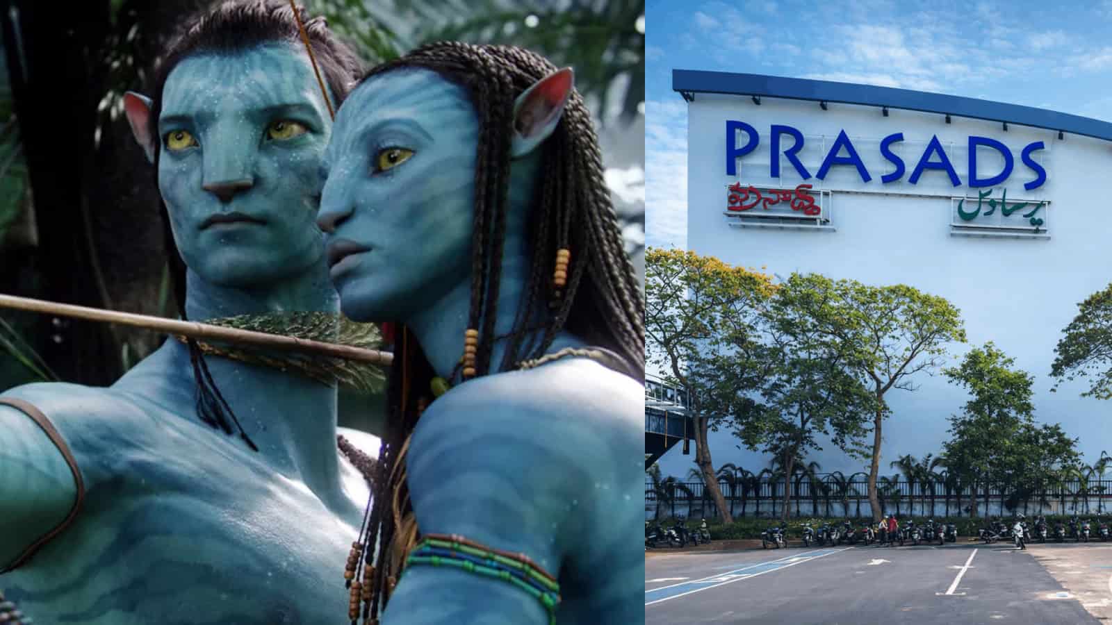 Two Avatar-inspired characters with blue skin and elaborate costumes outside Prasads Mall, Hyderabad.