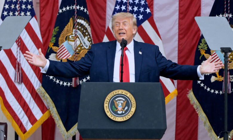 President Donald Trump speaks during the Memorial Day ceremony at Arlington National Cemetery, Monday, May 25, 2026, in Arlington