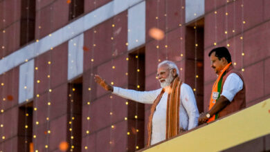 Prime Minister Narendra Modi arrives at BJP headqurters as the party leads during vote tabulation on the day of Assembly election results across four states and one Union Territory (UT), in New De (1)