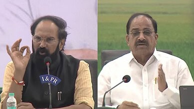 Indian politicians speaking during a formal event, addressing media and public.