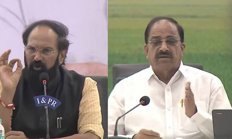 Indian politicians speaking during a formal event, addressing media and public.