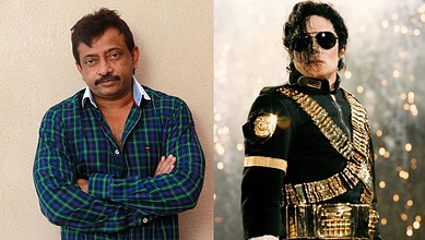 Image of a man in casual attire and Michael Jackson impersonator in costume, highlighting entertainment n.