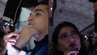 Palak Tiwari making a funny gesture during a social event, capturing her humorous roast of Ranveer Allahb.
