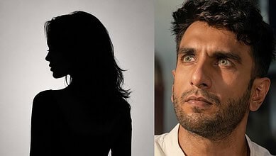 A silhouette of a woman with long hair on the left, and a close-up of a man with dark hair and stubble on.