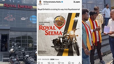 Royal Enfield motorcycle at Rayalaseema plant with employees and showroom in the background.