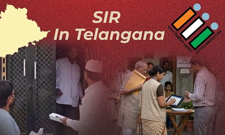 People waiting outside a government office in Telangana, India, with officials assisting and using digita.