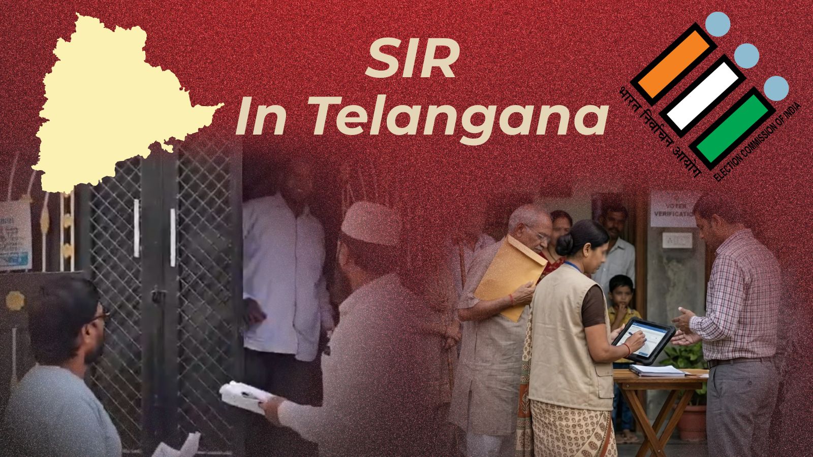 People waiting outside a government office in Telangana, India, with officials assisting and using digita.