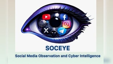 Close-up of an eye with social media icons like YouTube, Facebook, Instagram, and Telegram reflected in t.