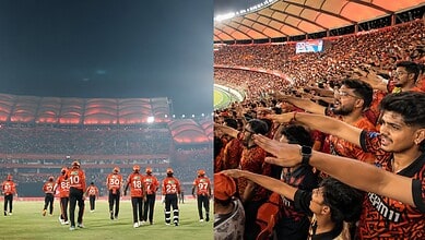 The Siasat Daily: Excited football fans cheering in a packed stadium during a match.