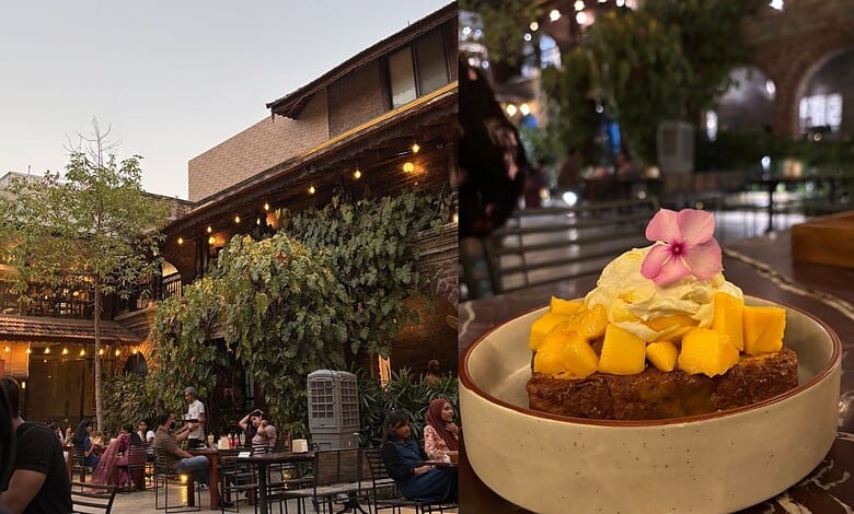 Delicious mango dessert topped with fresh mango pieces and a flower, served in a cozy Hyderabad cafe with.