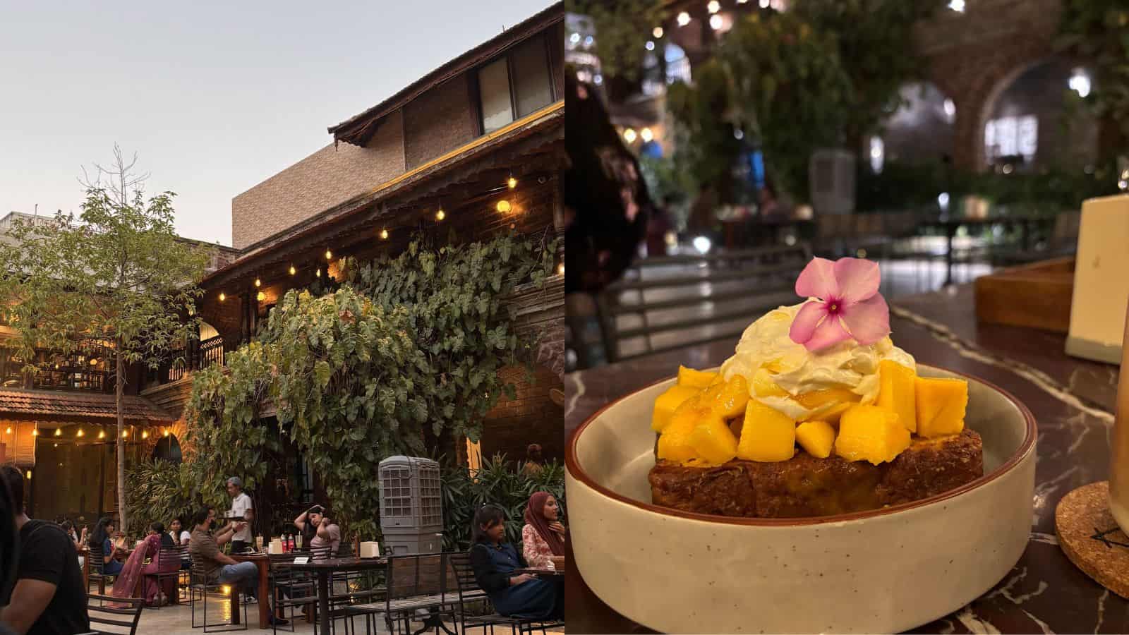 Delicious mango dessert topped with fresh mango pieces and a flower, served in a cozy Hyderabad cafe with.