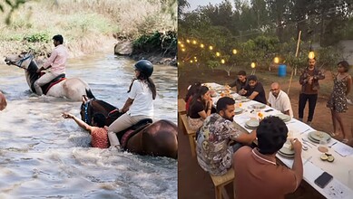 Friends enjoying a river swim and outdoor dinner in Hyderabad, showcasing changing weekend leisure activi.