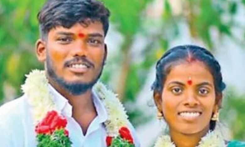 Wedding couple in Telangana, India, dressed in traditional clothes, smiling, with greenery background.