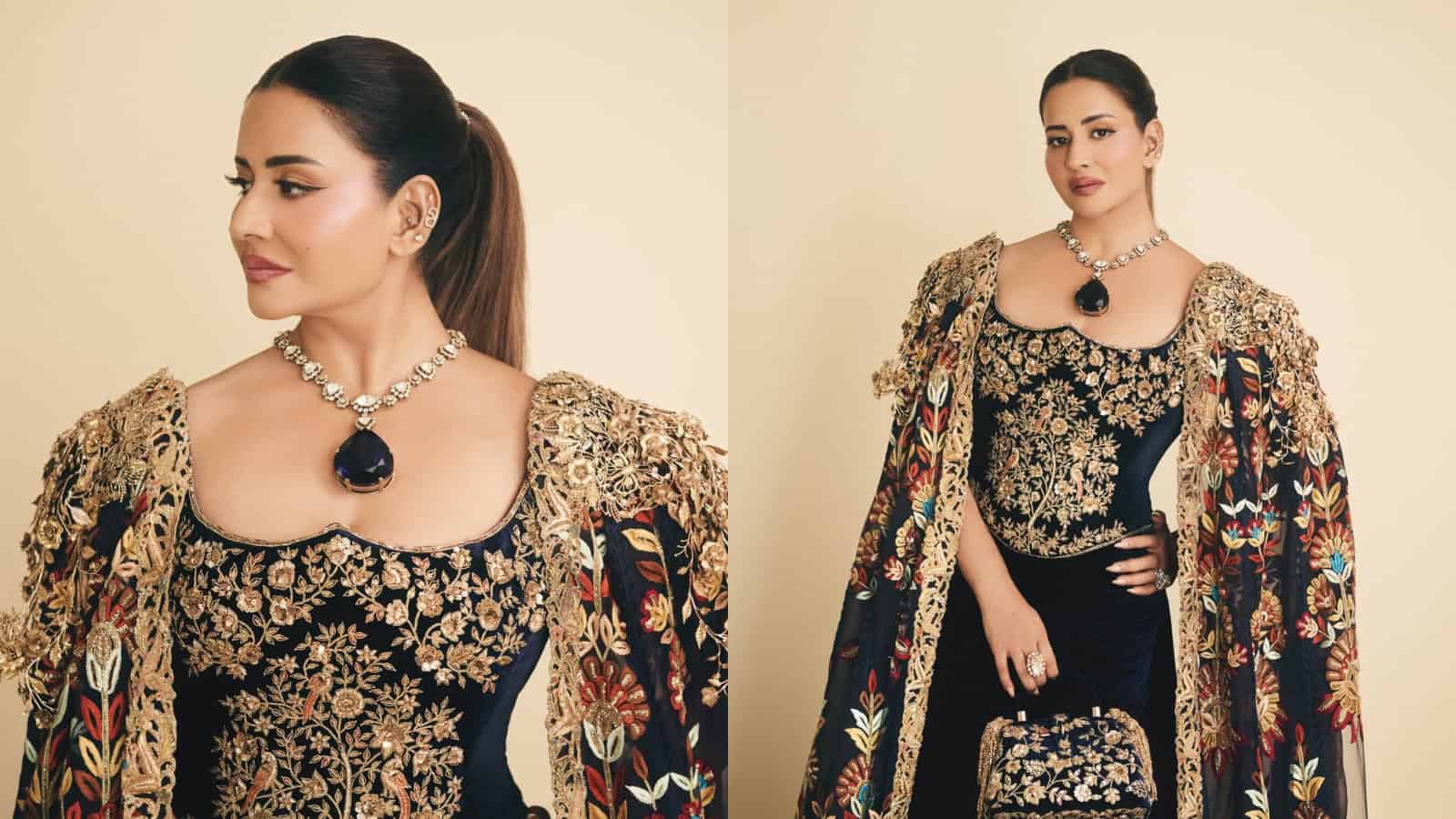 Sudha Reddy in a luxurious black and gold embroidered gown with diamond jewelry at the Met Gala.
