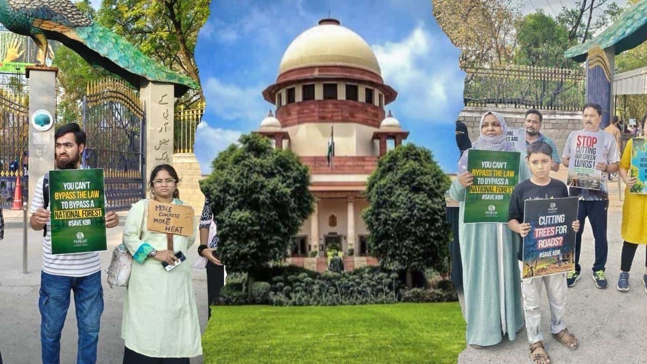 Protesters holding signs outside a government building in India, advocating for environmental and social.